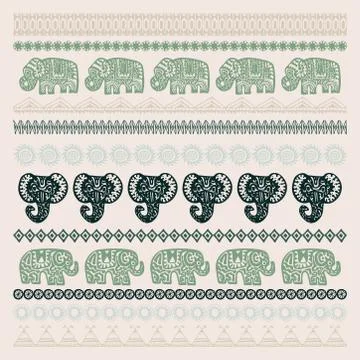Set of brushes Indian Elephant with native zigzag ornaments ornamental strips Stock Illustration