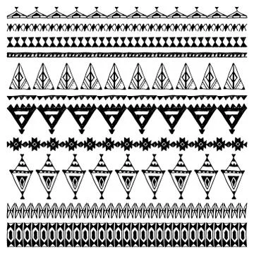 Set of brushes with native zigzag ornaments. Hand drawn ethnic aztec border.  Stock Illustration