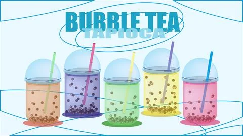 Set of bubble green tea milk with jelly balls stuffed with juice Stock Illustration