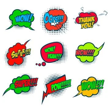Set of bubble talk phrases. Comic style talk phrases. Chat clouds comments... Illustrazione stock