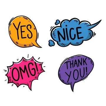 Set of bubble talk phrases. Hand drawn comic style talk phrases. Chat cloud.. 스톡 일러스트