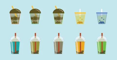 Set of bubble tea cup cartoon icon design template with various models. Stock Illustration