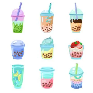 Set of bubble tea cup. Cartoon gasses of milk shakes. Asian food collection. Stock Illustration
