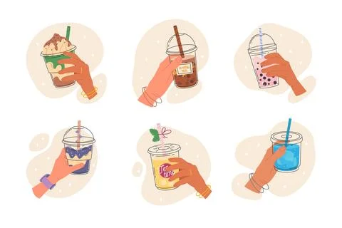 Set bubble tea cups in hands. Sweet boba tea Stock Illustration