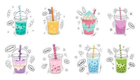 Set of Bubble Tea or Coffee Drinks. Stock Illustration