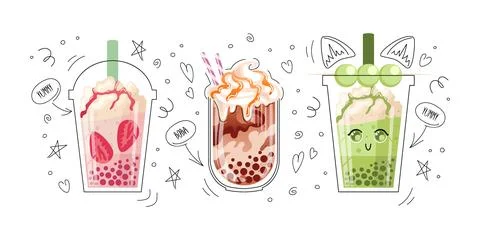 Set bubble tea, pearl milk tea, boba, Taiwans drink. Matcha Dango balls on a Stock Illustration