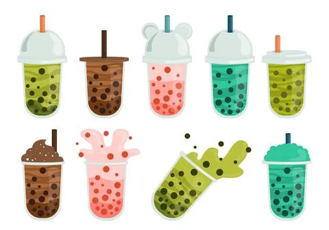 Set of bubble tea. Traditional asian hot drinks. Cafe or coffee shop menu 스톡 일러스트