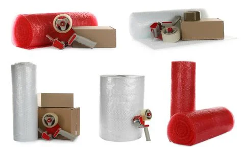 Set with bubble wrap rolls, cardboard boxes and tape dispensers on white back Stock Photos