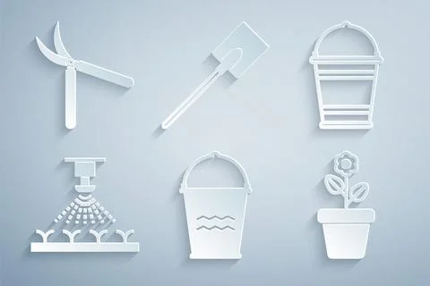 Set Bucket, Automatic irrigation sprinklers, Flower pot, Garden shovel and Illustration
