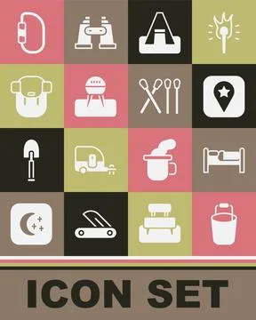 Set Bucket, Bed, Location for camping, Tourist tent, Barbecue grill, Hiking イラスト素材