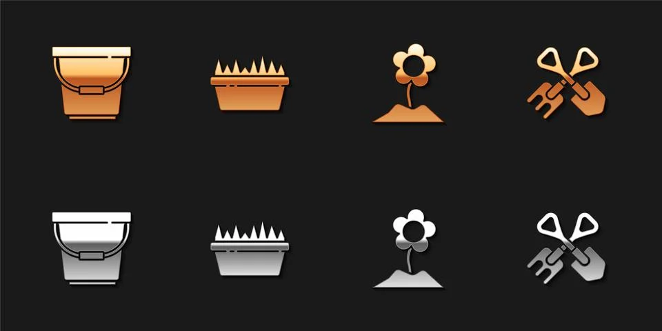 Set Bucket, Fresh grass in a rectangular, Flower and Shovel and rake icon Illustration