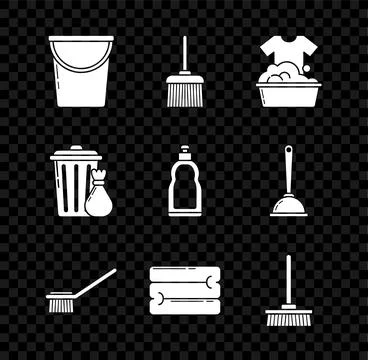 Set Bucket Handle broom Plastic basin with soap suds Toilet brush Towel stack イラスト素材