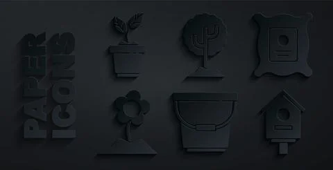 Set Bucket, Pack full of seeds of plant, Flower, Bird house, Tree and Plant i Illustration