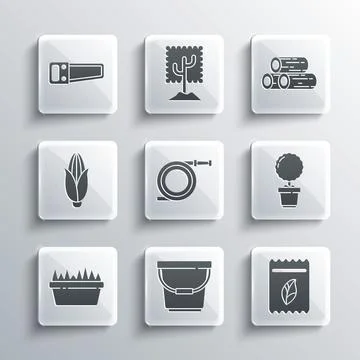 Set Bucket, Pack full of seeds of plant, Flower in pot, Garden hose or fire hose Illustration