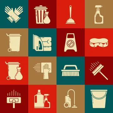 Set Bucket, Squeegee, scraper, wiper, Sponge, Toilet plunger, Electric iron.. 스톡 일러스트