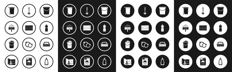 Set Bucket, Towel stack, Vacuum cleaner, Trash can, Plastic bottles for liquid Stock Illustration