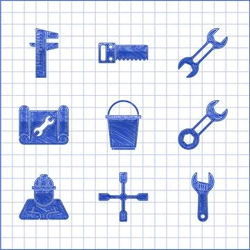 Set Bucket, Wheel wrench, Adjustable, Wrench spanner, Builder, Graphing pap.. Stock Illustration