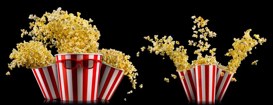 Set of buckets with popcorn and 3D glasses isolated on black background Stock Photos