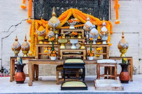 Set of Buddhist altar table Stock Photos