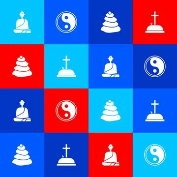 Set Buddhist monk, Yin Yang, Stack hot stones and Tombstone with cross icon 스톡 일러스트