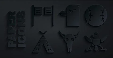 Set Buffalo skull, Baseball ball, Indian teepee or wigwam, Eagle, head and Stock Illustration