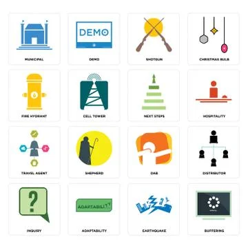Set of buffering, earthquake, inquiry, dab, travel agent, next steps, fire hy Free Stock Illustration
