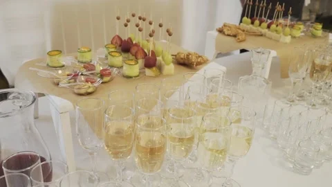 A set buffet table at a celebration, slow motion camera movement Stock-Footage 327982820