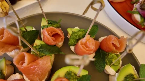 A set buffet table at a celebration, slow-motion camera movement, all sorts of Stock-Footage 329093733