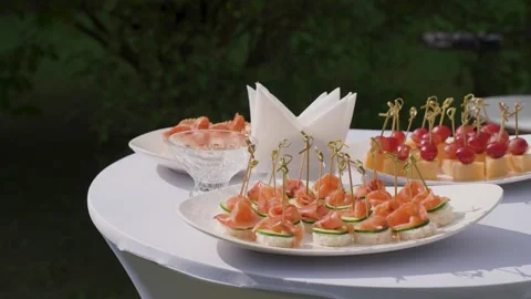 A set buffet table at a celebration, slow-motion camera movement, all sorts of Stock Footage 329248255