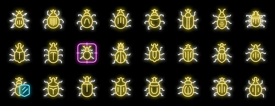 Set of bug searching neon light icons glowing brightly on a black background Illustrazione stock