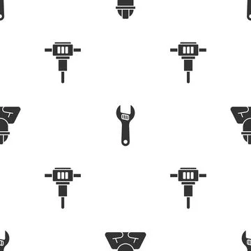 Set Builder, Adjustable wrench and Construction jackhammer on seamless pattern Stock Illustration