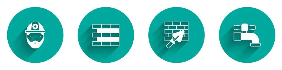 Set Builder, Bricks, wall with trowel and Water tap icon with long shadow Illustrazione stock