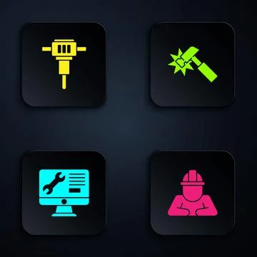Set Builder, Construction jackhammer, Computer monitor service and Hammer. Black Ilustración de archivo