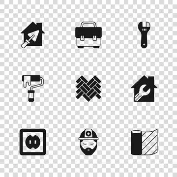Set Builder, House with wrench spanner, Wallpaper, Parquet, Adjustable, tro.. Stock Illustration