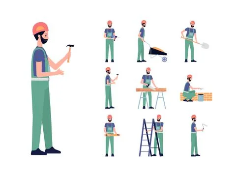 Set builder or construction worker character flat vector illustration isolated. Stock Illustration