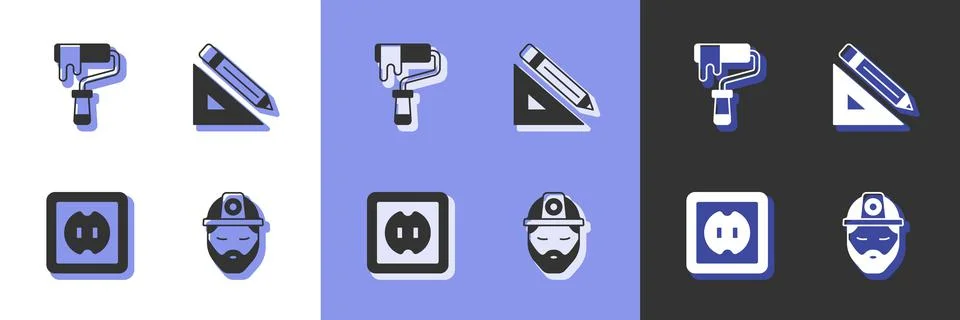 Set Builder, Paint roller brush, Electrical outlet and Triangular ruler and Stock Illustration