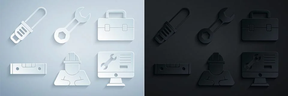 Set Builder, Toolbox, Construction bubble level, Computer monitor service Stock Illustration