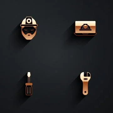 Set Builder, Worker safety helmet, Screwdriver and Adjustable wrench icon with Stock Illustration