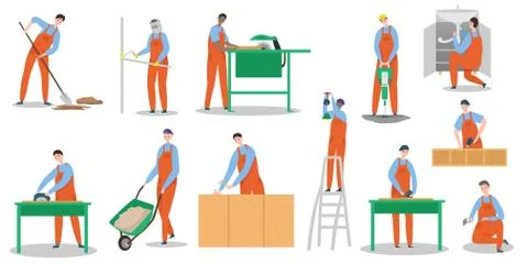 Set of builders workers people characters isolated flat vector illustration Ilustração Stock