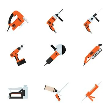 Set of building electrotools for repair. Vector illustration. Fretsaw, drill, Stock Illustration