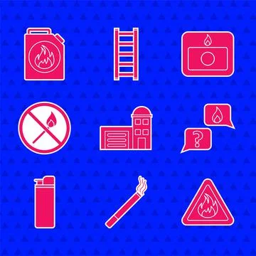 Set Building of fire station Cigarette Fire flame triangle Phone with emergen Stock Illustration