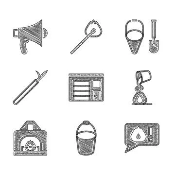 Set Building of fire station, Fire bucket, Telephone call 911, Bucket Ilustración de archivo