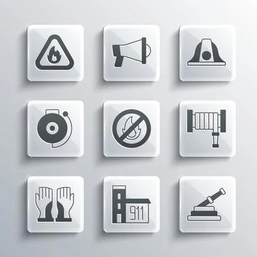 Set Building of fire station, Fire hose reel, No, Firefighter gloves, Ringing Ilustración de archivo