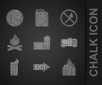 Set Building of fire station, Fire exit, burning buildings, truck, Campfire, No Ilustración de archivo