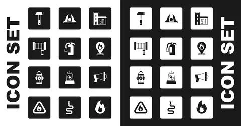 Set Building of fire station, Fire extinguisher, hose reel, Hammer, Location Ilustración de archivo
