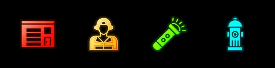 Set Building of fire station, Firefighter, Flashlight and hydrant icon. Vector Stock Illustration