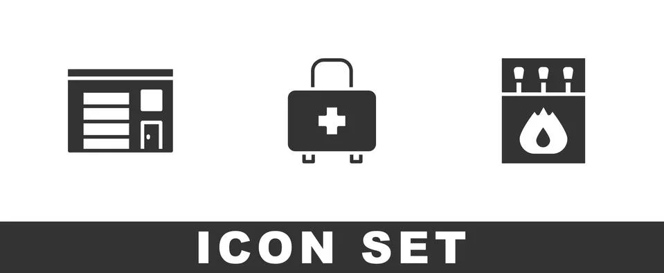 Set Building of fire station, First aid kit and Matchbox and matches icon Ilustración de archivo