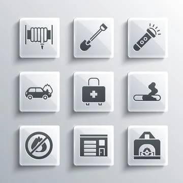 Set Building of fire station, Interior fireplace, Cigarette, First aid kit, N Ilustración de archivo