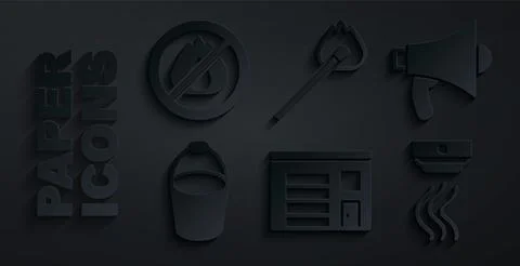 Set Building of fire station, Megaphone, Fire bucket, Smoke alarm system Ilustración de archivo