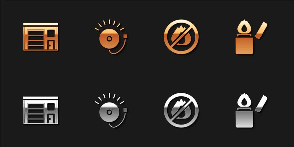 Set Building of fire station, Ringing alarm bell, No and Lighter icon. Vector Ilustración de archivo